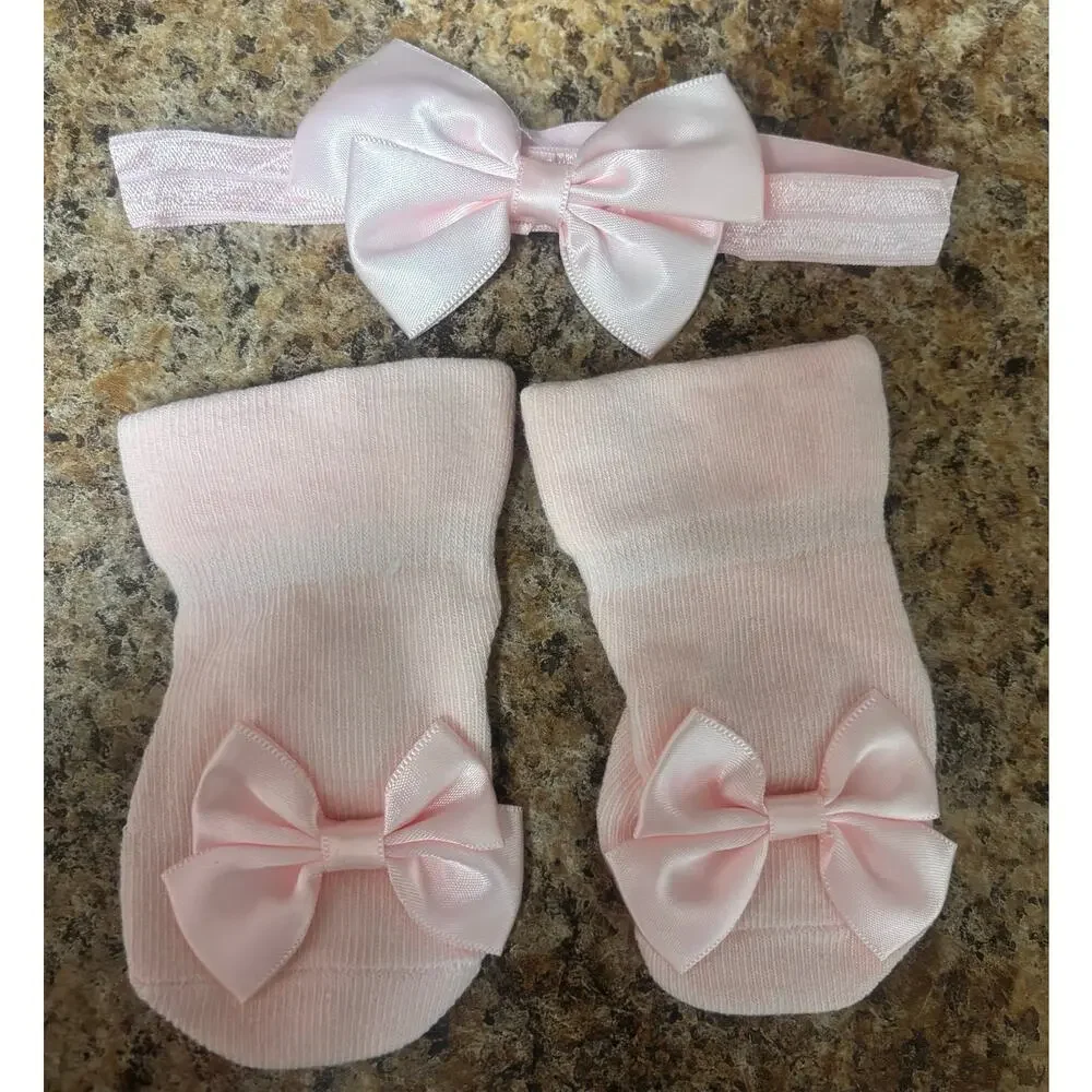 Baby Girl Pink Bow Socks & Matching Headband Set Size S 0–6M